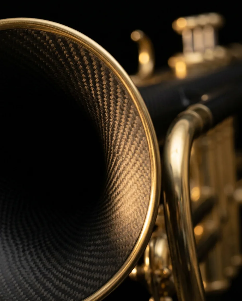 Looking into the carbon bell of a daCarbo trumpet with its brass rim