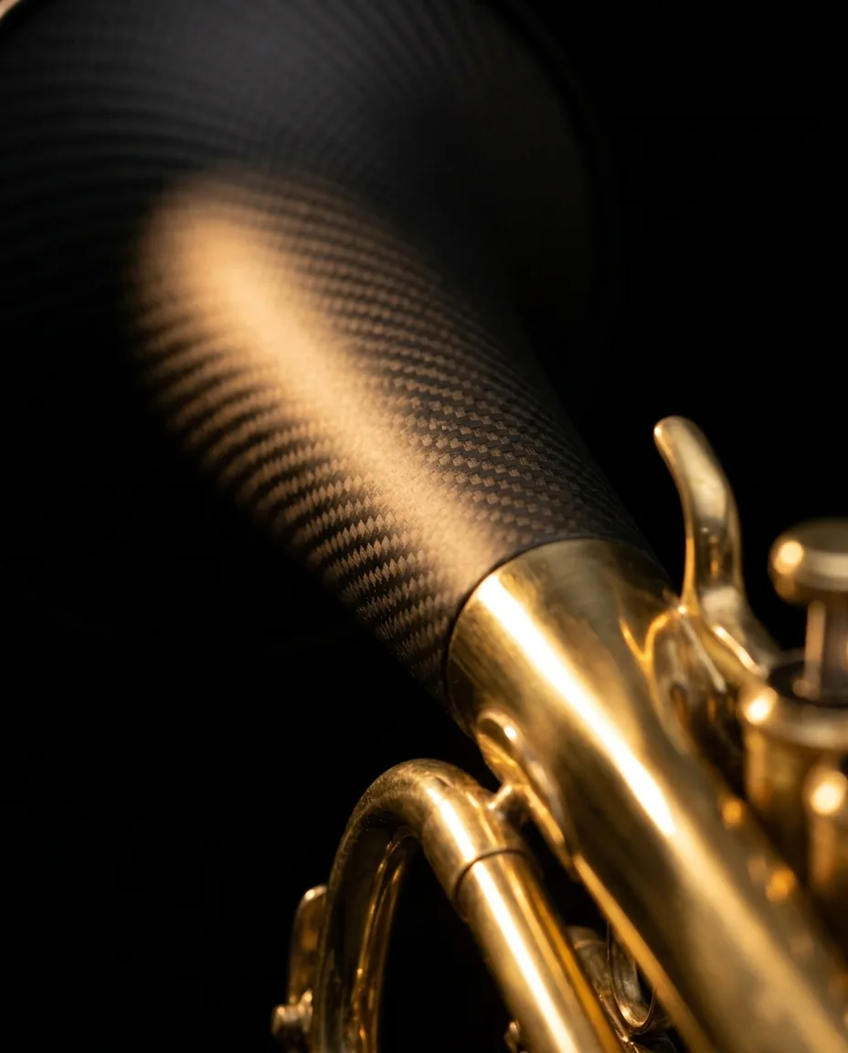 Close-up of the carbon weave on the bell of a daCarbo trumpet